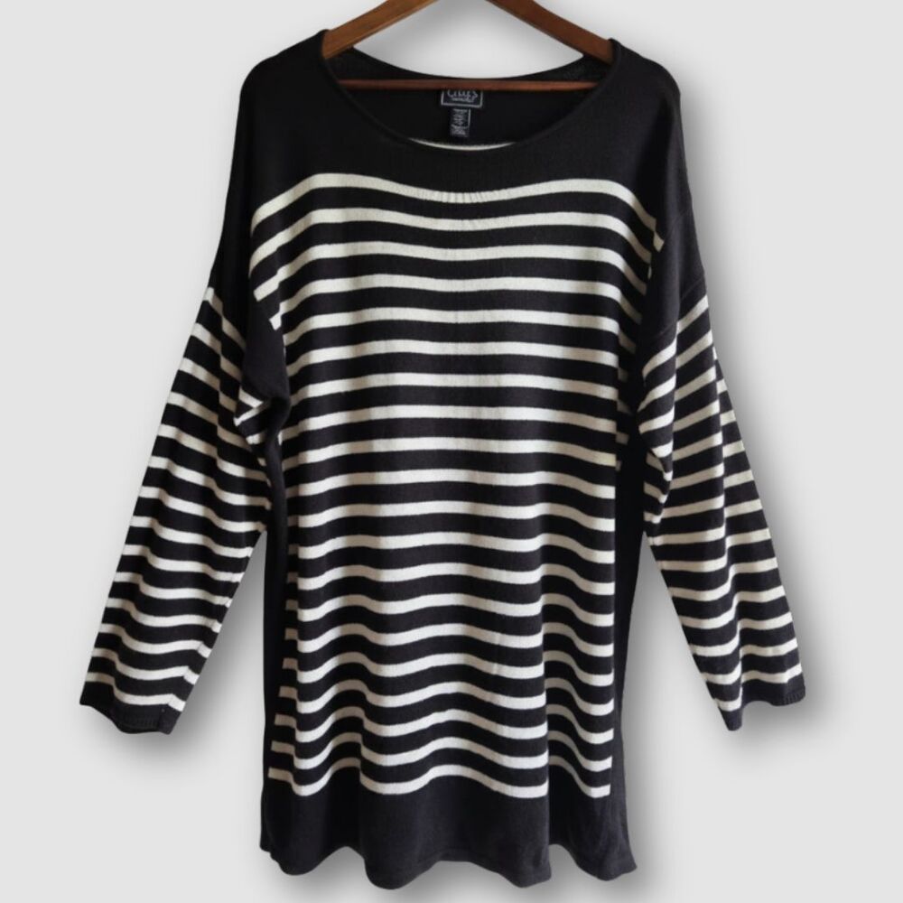 Chaps Classics 1X Black White Striped Long Sleeve Tunic Sweater Top Plus Size